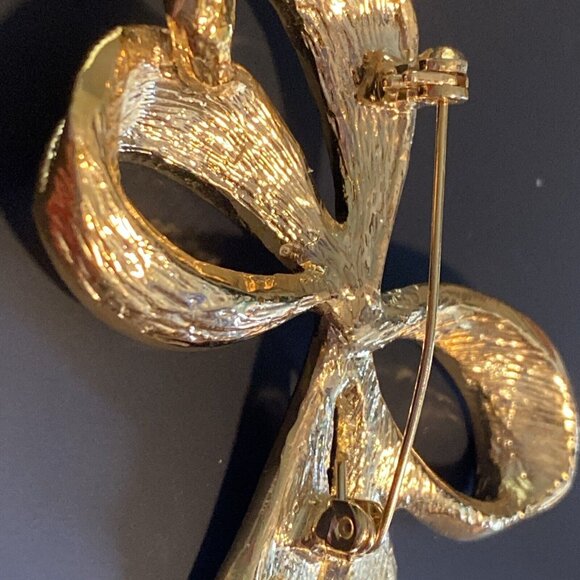 Vintage Bow Brooch Pin Signed Roman Estate Textured Gold Tone Metal Rhinestone R - Picture 9 of 16